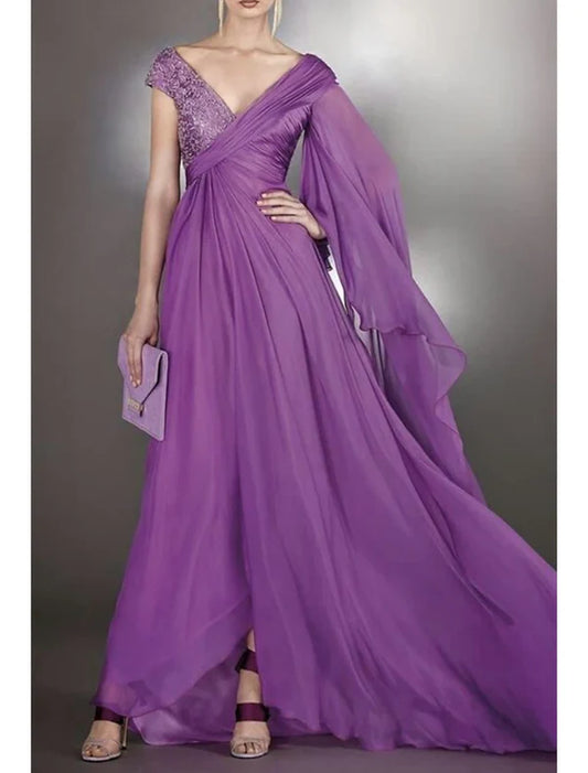 A-Line Wedding Guest Dresses Elegant Dress Wedding Party Black Tie Court Train Sleeveless V Neck Chiffon Evening Dresses