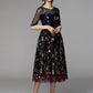 A-Line Party Dress Holiday Tea Length Half Sleeve Illusion Neck Organza with Embroidery