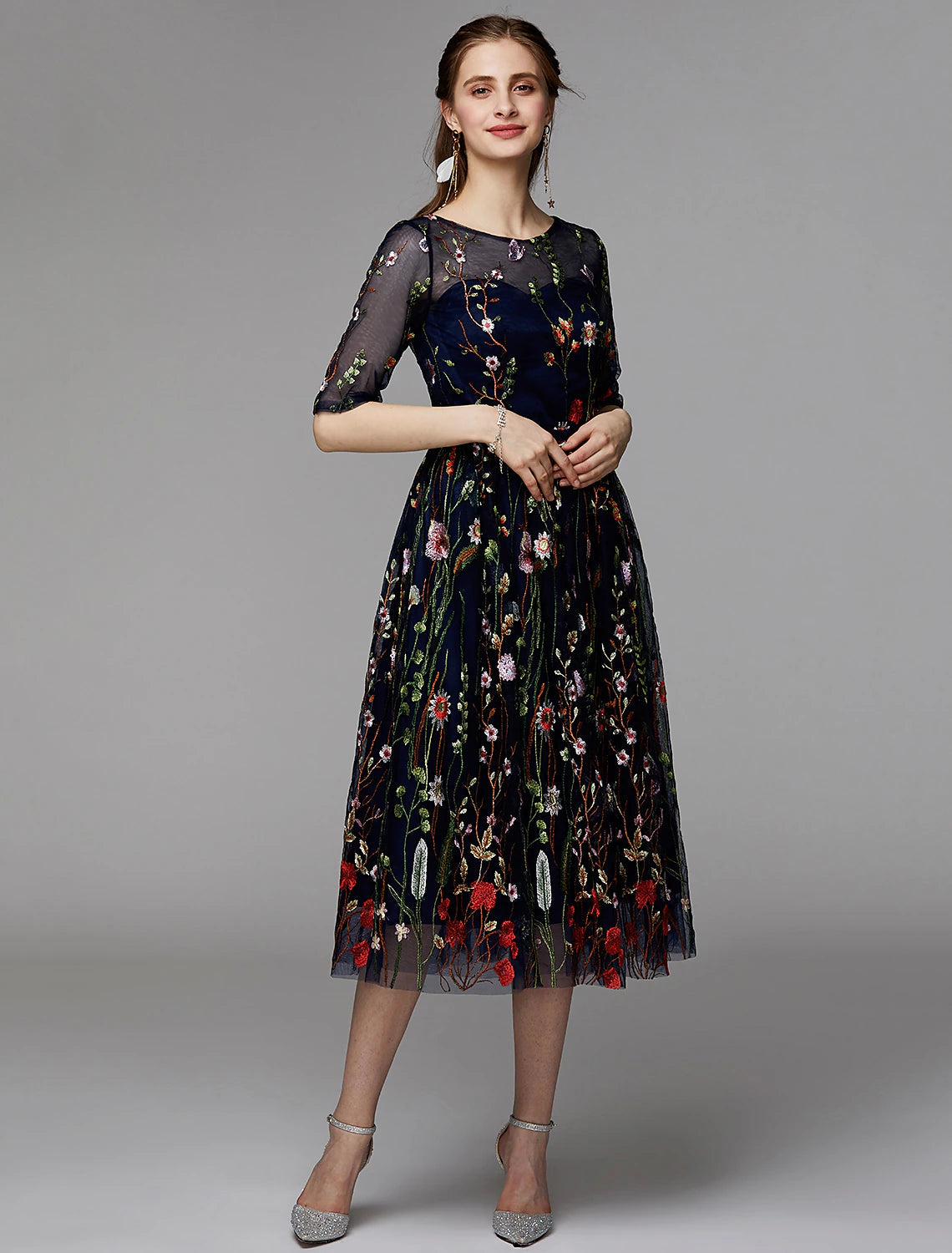 A-Line Party Dress Holiday Tea Length Half Sleeve Illusion Neck Organza with Embroidery