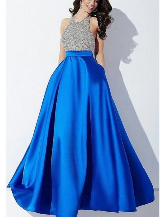 A-Line Evening Gown Elegant Dress Formal Floor Length Sleeveless Halter Neck Satin