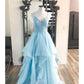 Ball Gown Prom Dresses Princess Dress Formal Floor Length Sleeveless V Neck Tulle Backless with Pleats