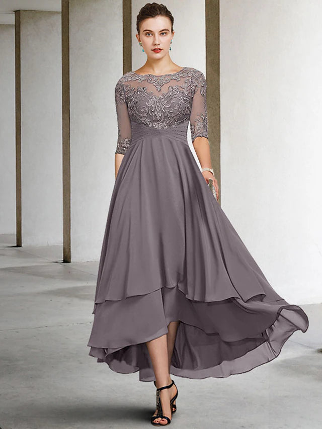 A-Line Mother of the Bride Dress Plus Size Elegant High Low Jewel Neck Asymmetrical Ankle Length Chiffon Lace Half Sleeve