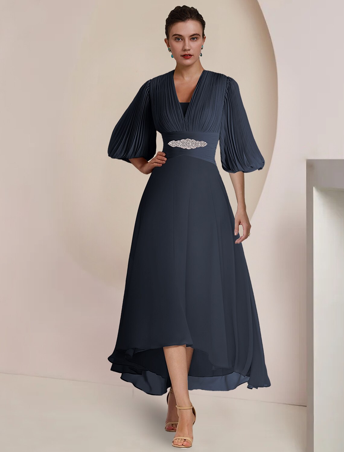 A-Line Mother of the Bride Dress Formal Wedding Guest Party Vintage Elegant V Neck Tea Length Chiffon 3/4 Length Sleeve with Pleats