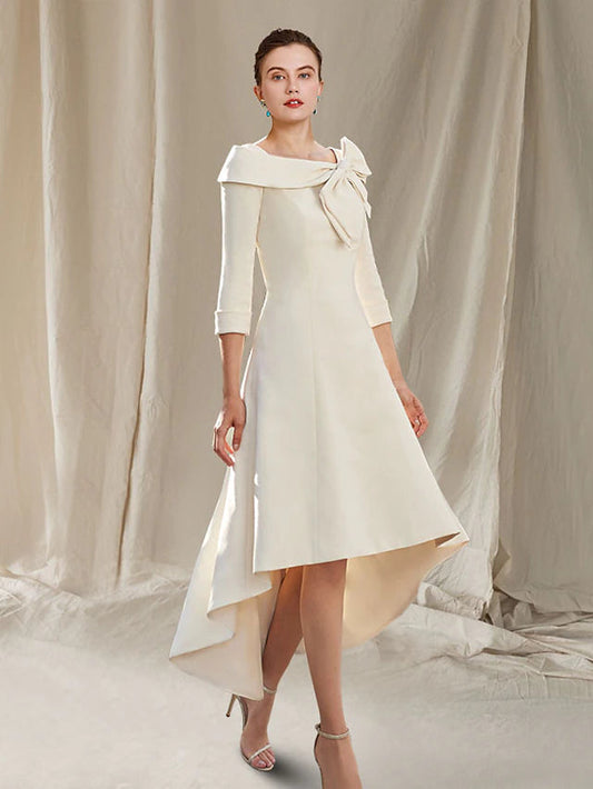 A-Line Mother of the Bride Dress Elegant High Low Bateau Neck Asymmetrical Knee Length Stretch Fabric 3/4 Length Sleeve with Bow(s)