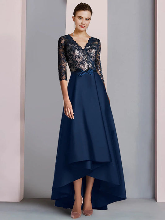 A-Line Mother of the Bride Dress Wedding Guest Elegant High Low V Neck Asymmetrical Tea Length Satin Lace Half Sleeve with Bow(s) Color