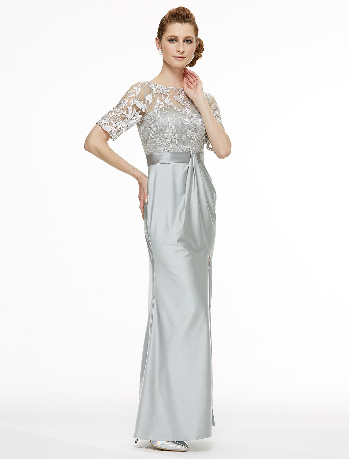 Sheath / Column Bateau Neck Ankle Length Lace / Jersey Mother of the Bride Dress with Lace