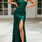 Sexy formal solid color sequin slit diagonal collar evening dress One Shoulder Sparkly