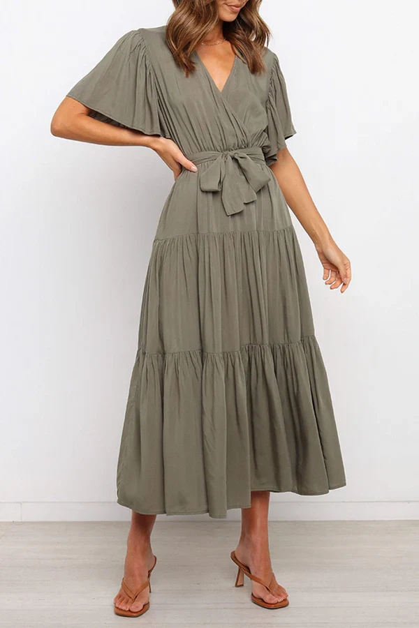 Leisure solid color patchwork V-neck cake dress evening dress Party Dress