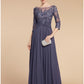 A-Line Mother of the Bride Dress Wedding Guest Elegant Scoop Neck Floor Length Chiffon Lace 3/4 Length Sleeve with Ruching