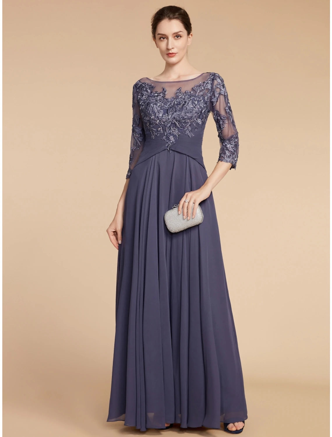 A-Line Mother of the Bride Dress Wedding Guest Elegant Scoop Neck Floor Length Chiffon Lace 3/4 Length Sleeve with Ruching