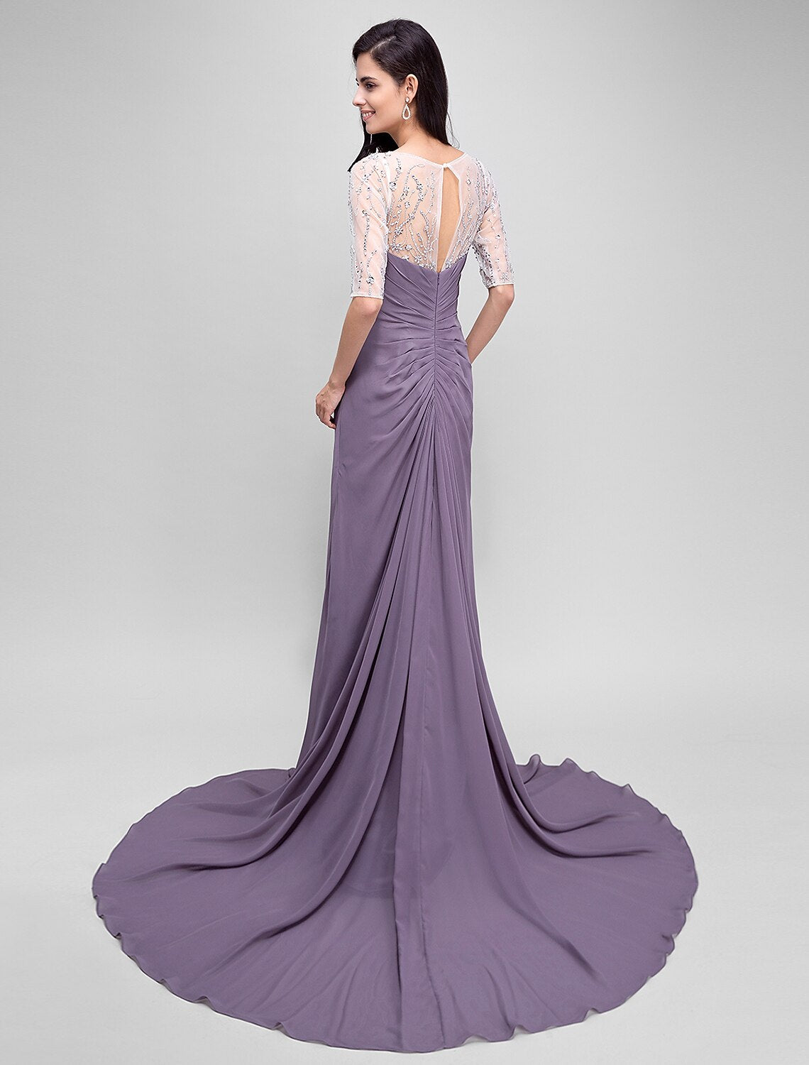 A-Line Mother of the Bride Dress Elegant Scoop Neck Floor Length Chiffon Half Sleeve No with Criss Cross