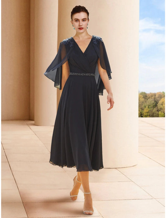 A-Line Mother of the Bride Dress Wedding Guest Elegant Petite V Neck Tea Length Chiffon Half Sleeve with Sequin