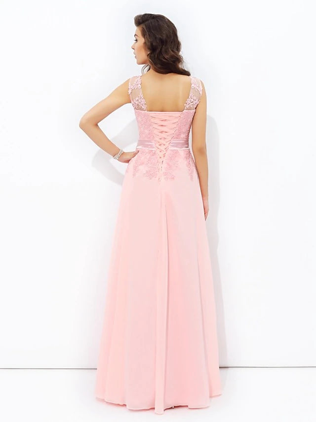 A-Line Prom Dresses Sparkle & Shine Dress Formal Floor Length Sleeveless Jewel Neck Chiffon