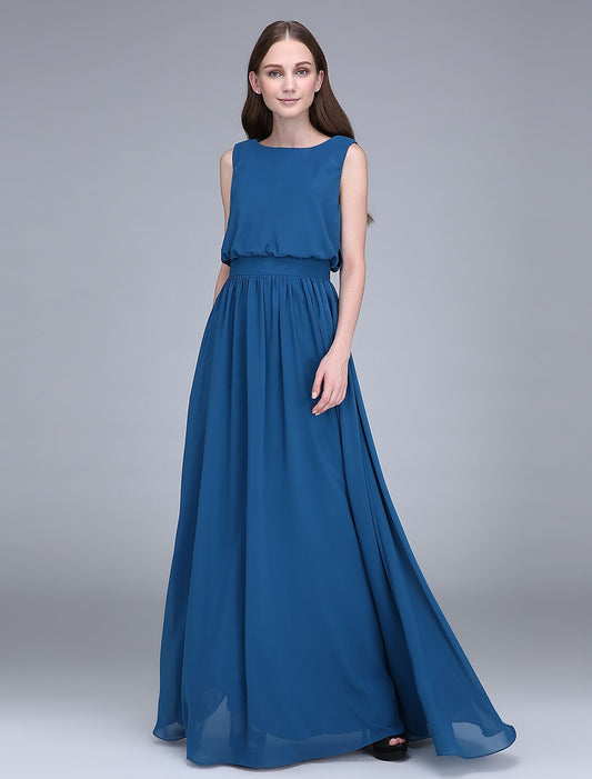 Sheath / Column Bridesmaid Dress Jewel Neck Sleeveless Floor Length Chiffon with Sash