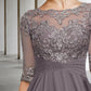 A-Line Mother of the Bride Dress Plus Size Elegant High Low Jewel Neck Asymmetrical Ankle Length Chiffon Lace Half Sleeve