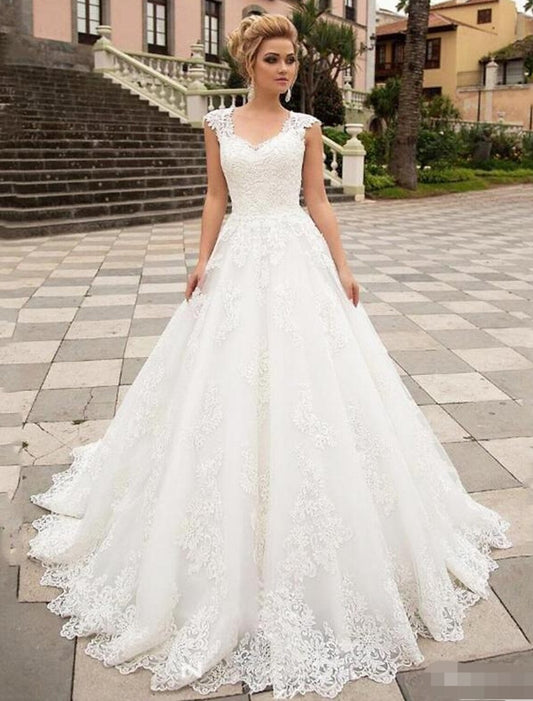 Engagement Open Back Formal Wedding Dresses Ball Gown Illusion Neck Cap Sleeve Sweep / Brush Train Lace Bridal Gowns