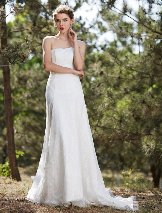 Wedding Dresses A-Line Strapless Sleeveless Court Train Satin Bridal Gowns