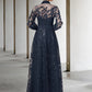 A-Line Mother of the Bride Dress Elegant Jewel Neck Floor Length Chiffon Lace Long Sleeve with Pleats