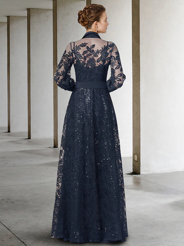 A-Line Mother of the Bride Dress Elegant Jewel Neck Floor Length Chiffon Lace Long Sleeve with Pleats