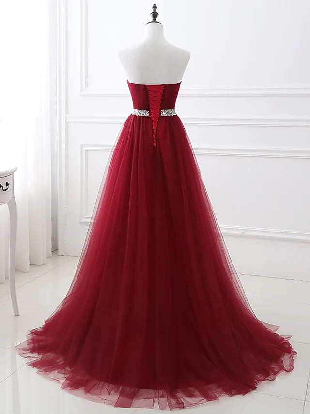 A-Line Elegant Quinceanera Prom Valentine's Day Dress Strapless Sleeveless Chapel Train Satin