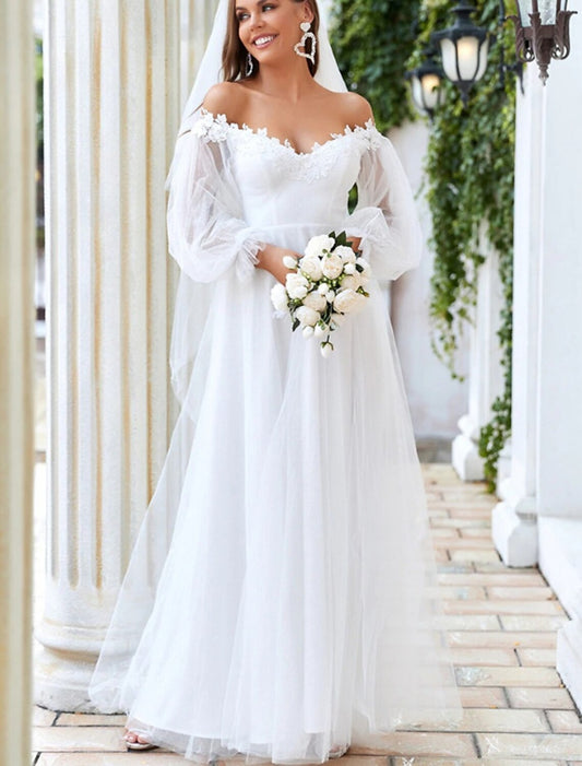 Beach Wedding Dresses A-Line Off Shoulder Long Sleeve Floor Tulle Bridal Gowns With Lace Insert Appliques