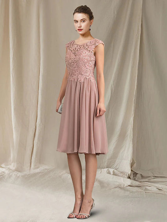 A-Line Mother of the Bride Dress Elegant Jewel Neck Knee Length Chiffon Lace Sleeveless with Pleats