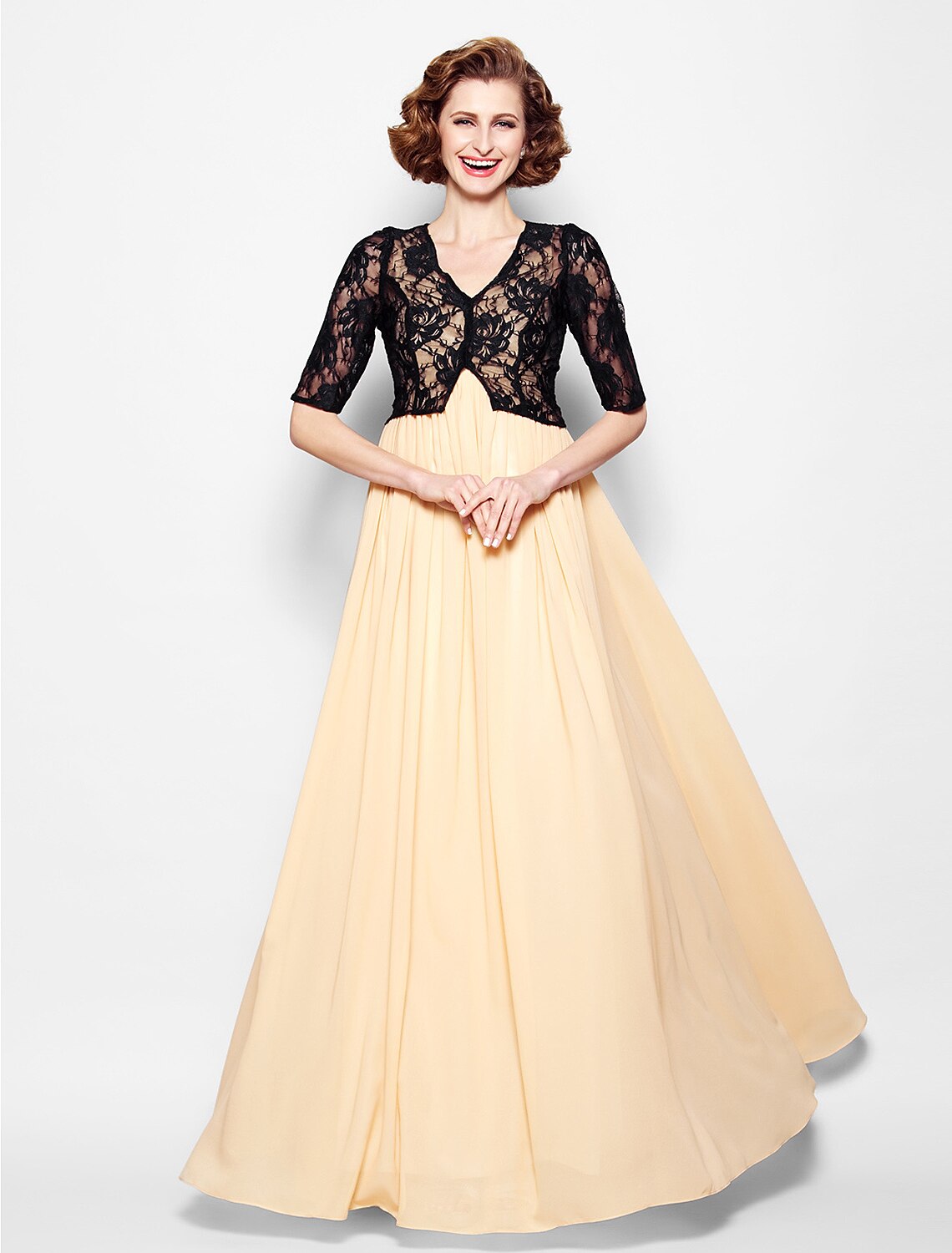 A-Line Mother of the Bride Dress Wrap Included V Neck Floor Length Chiffon Lace Half Sleeve yes