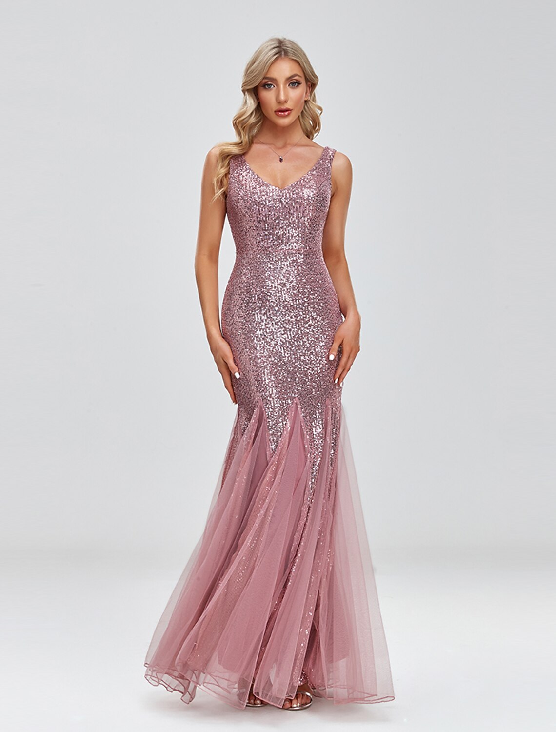 Mermaid / Trumpet Evening Gown Sparkle Dress Wedding Guest Formal Evening Floor Length Sleeveless V Neck Tulle V Back