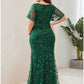 Mermaid / Trumpet Evening Gown Sparkle Dress Formal Floor Length Short Sleeve V Neck Fall Wedding Guest Tulle