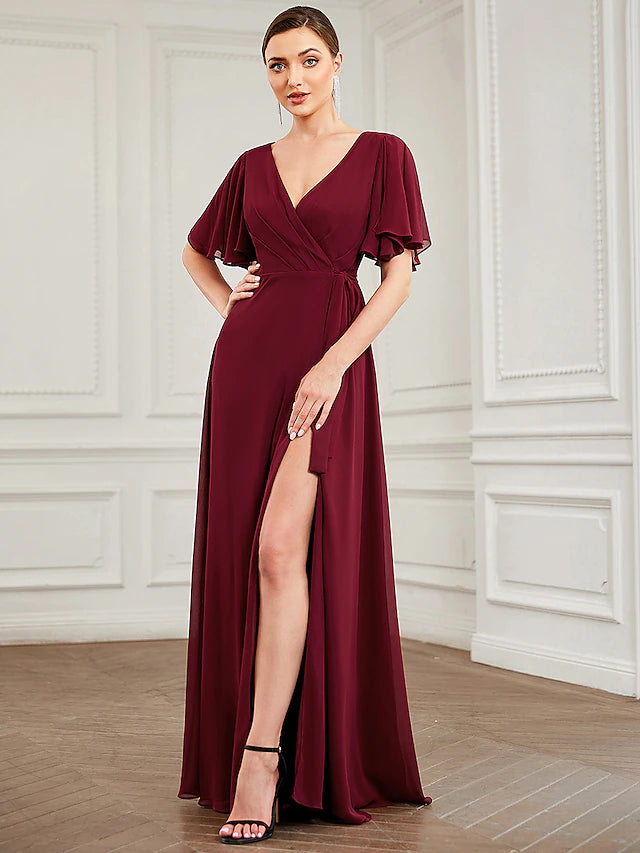 A-Line Bridesmaid Dress V Neck Short Sleeve Elegant Floor Length Chiffon with Ruffles / Draping