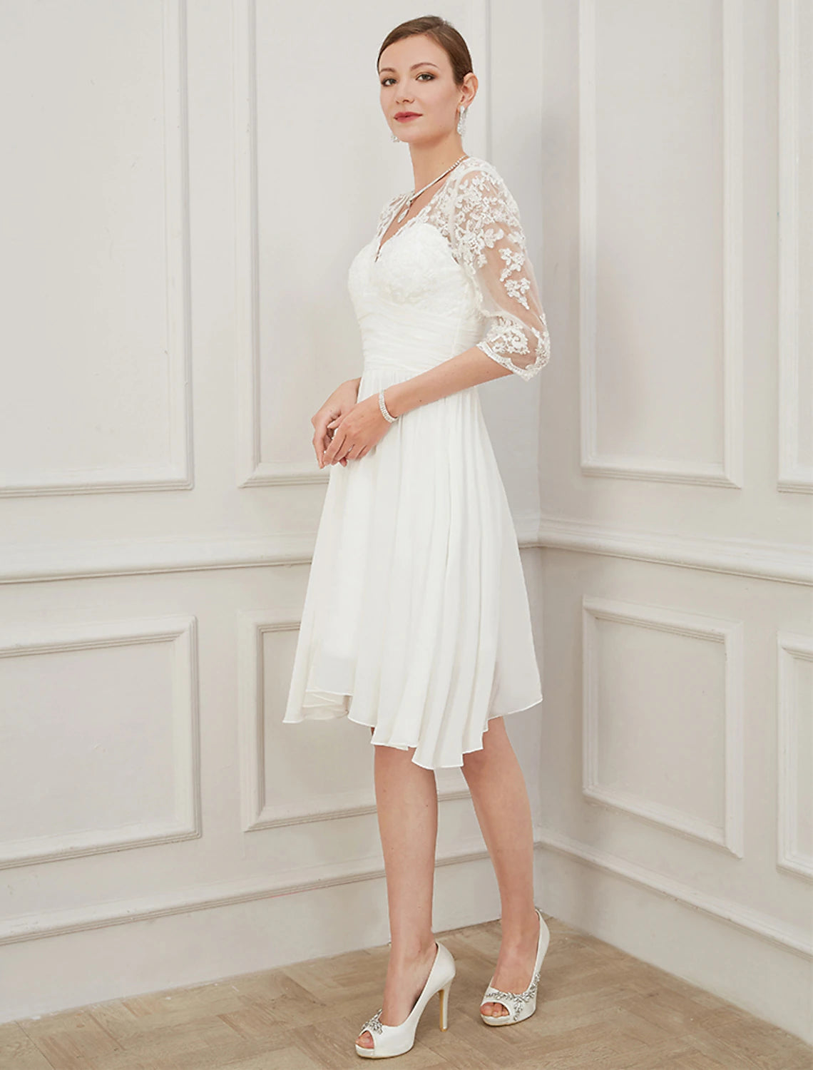 Reception Little White Dresses Wedding Dresses A-Line V Neck Half Sleeve Knee Length Chiffon Bridal Gowns With Draping