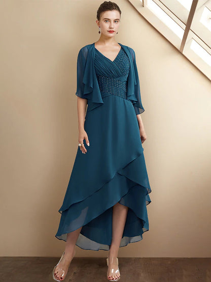 A-Line Mother of the Bride Dress Elegant High Low V Neck Asymmetrical Tea Length Chiffon Sleeveless Wrap Included with Beading Cascading Ruffles