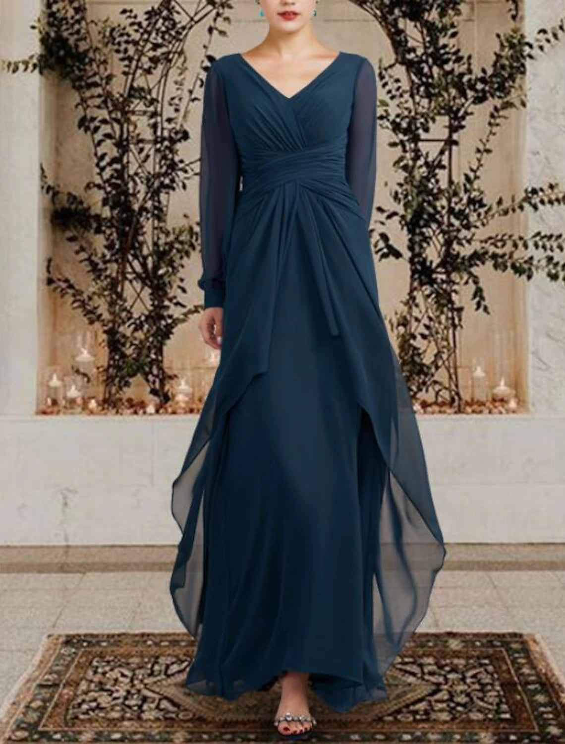 A-Line Mother of the Bride Dress Wedding Guest Plus Size Elegant V Neck Floor Length Chiffon Long Sleeve with Ruched Ruffles