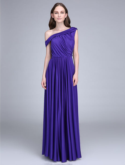 Sheath / Column Bridesmaid Dress One Shoulder Sleeveless Elegant Floor Length Jersey