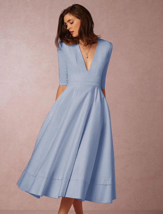 A-Line Special Occasion Dresses Party Dress Holiday Wedding Guest Tea Length Half Sleeve V Neck Pocket Jersey with Pleats White & Ivory