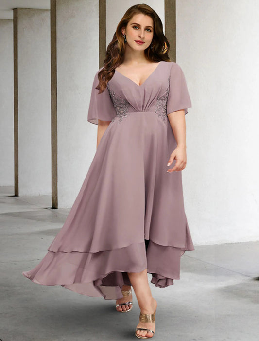 A-Line Mother of the Bride Dresses Plus Size Hide Belly Curve Elegant Dress Formal Asymmetrical Short Sleeve V Neck Chiffon with Ruffles