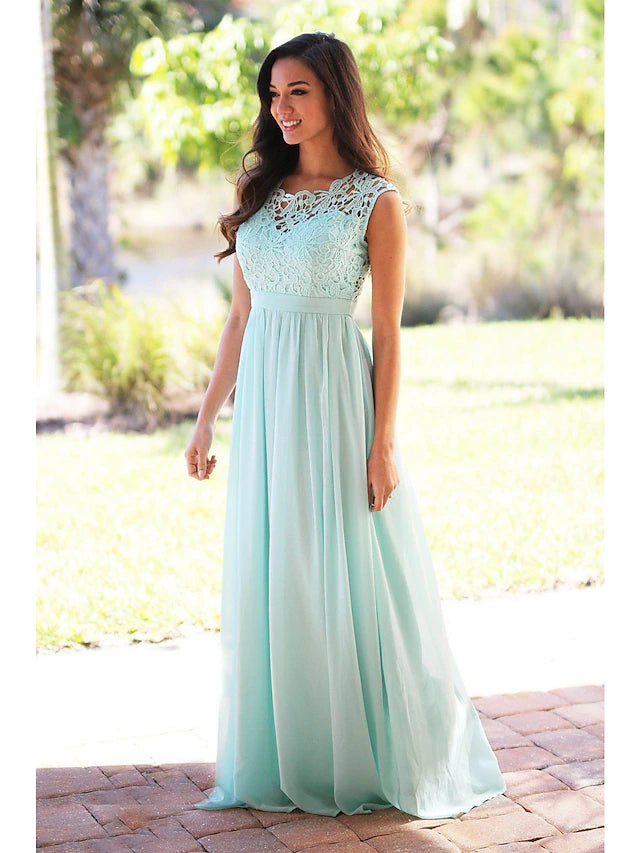 A-Line Bridesmaid Dress Jewel Neck Sleeveless Elegant Floor Length Chiffon / Lace with Sash / Ribbon