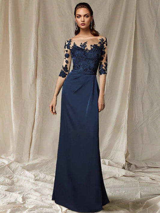 Sheath / Column Mother of the Bride Dress Plus Size Elegant Jewel Neck Sweep / Brush Train Chiffon Half Sleeve