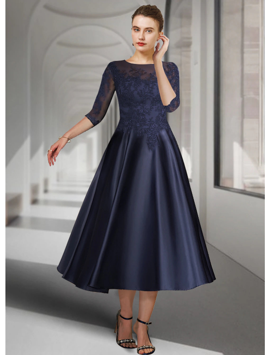 A-Line Mother of the Bride Dress Wedding Guest Elegant Jewel Neck Tea Length Satin Lace 3/4 Length Sleeve with Pleats