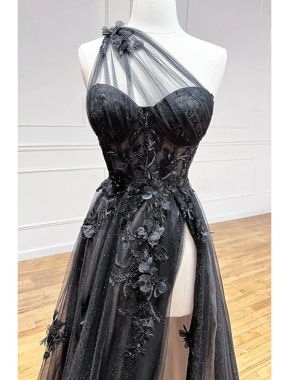 A-Line Prom Dresses Color Block Dress Formal Wedding Guest Sweep / Brush Train Sleeveless One Shoulder Tulle Backless with Pleats