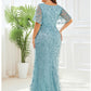 Mermaid / Trumpet Evening Gown Sparkle Dress Formal Floor Length Short Sleeve V Neck Fall Wedding Guest Tulle