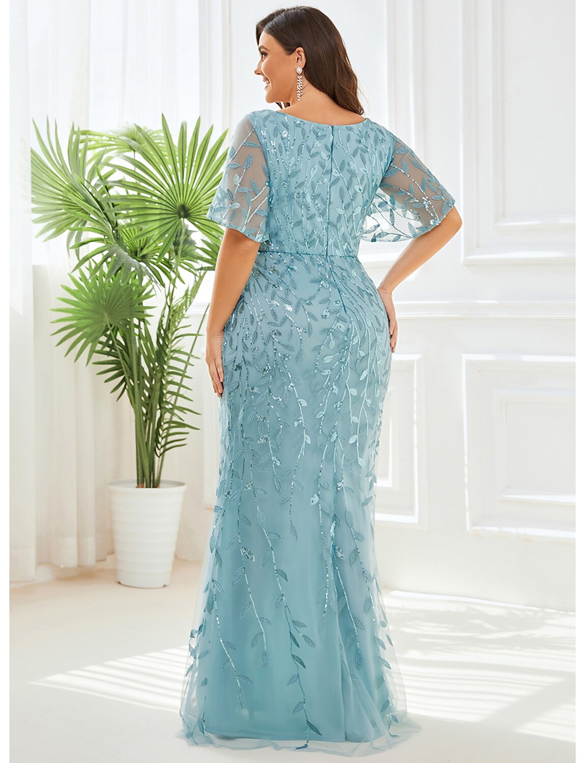 Mermaid / Trumpet Evening Gown Sparkle Dress Formal Floor Length Short Sleeve V Neck Fall Wedding Guest Tulle