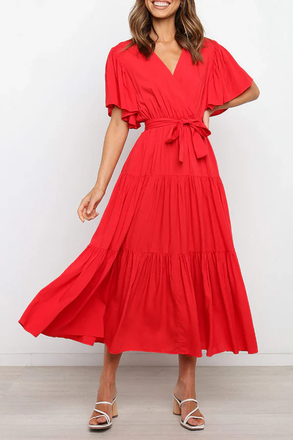 Leisure solid color patchwork V-neck cake dress evening dress Party Dress