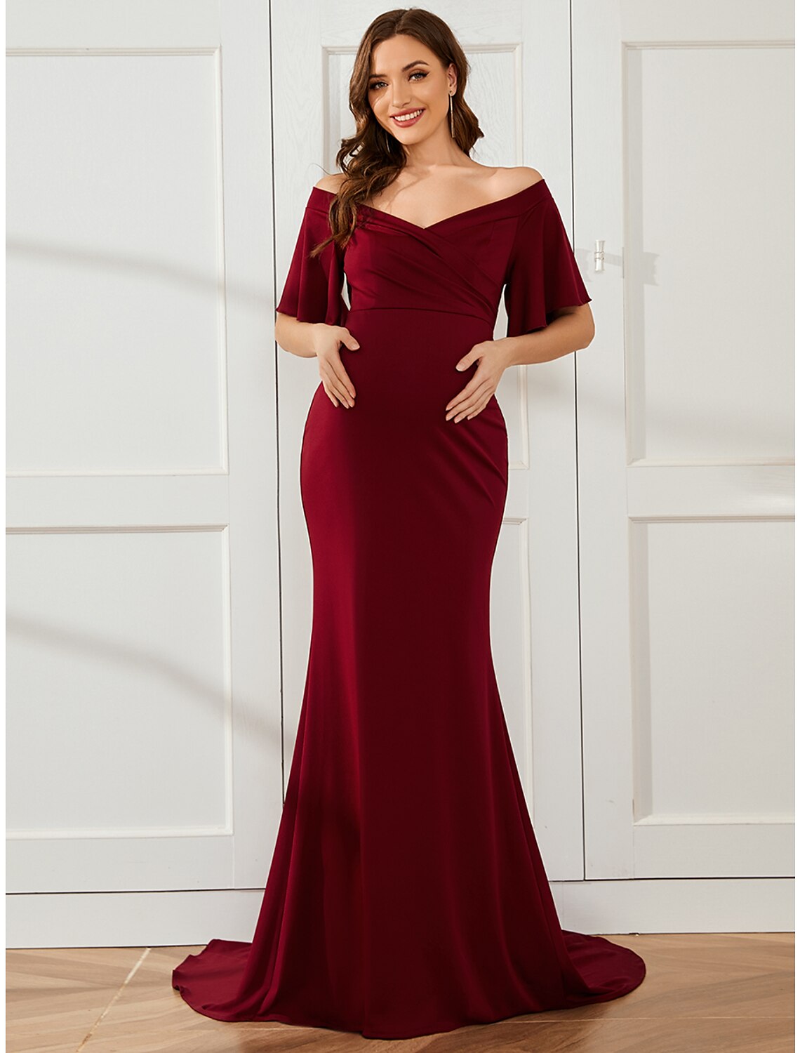 Mermaid / Trumpet Maternity Dresses Maternity Dress Formal Court Train Short Sleeve Off Shoulder Stretch Fabric with Ruched