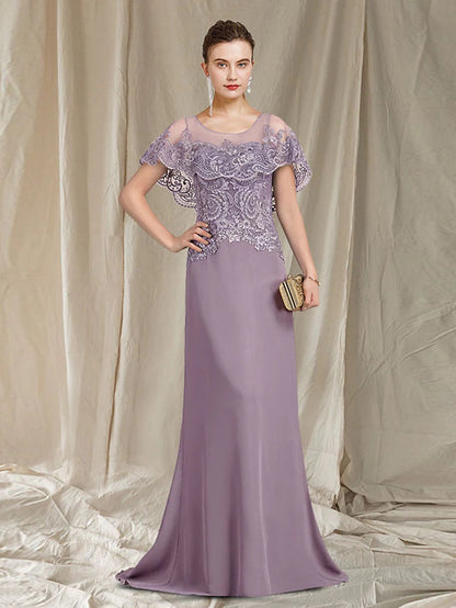 Sheath / Column Mother of the Bride Dress Elegant Jewel Neck Sweep / Brush Train Chiffon Lace Sleeveless with Ruffles