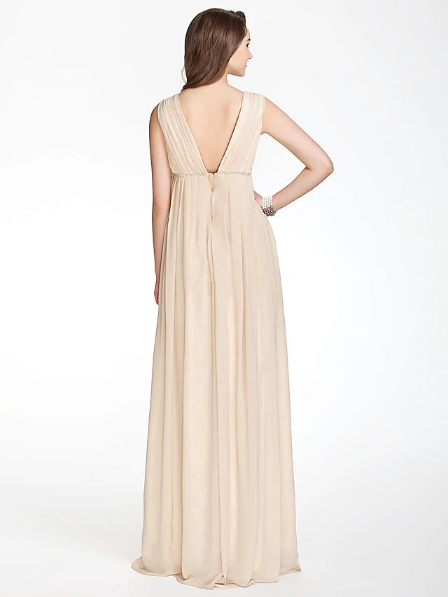 A-Line Bridesmaid Dress V Neck Sleeveless Beautiful Back Floor Length Chiffon with Pleats / Beading