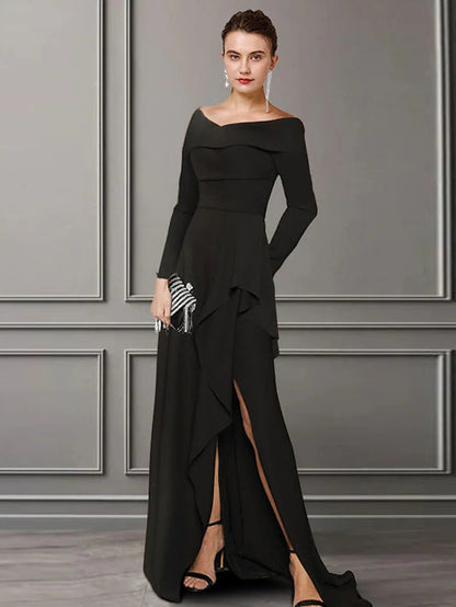 A-Line Mother of the Bride Dress Elegant Off Shoulder Sweep / Brush Train Lace Stretch Fabric Long Sleeve with Ruched