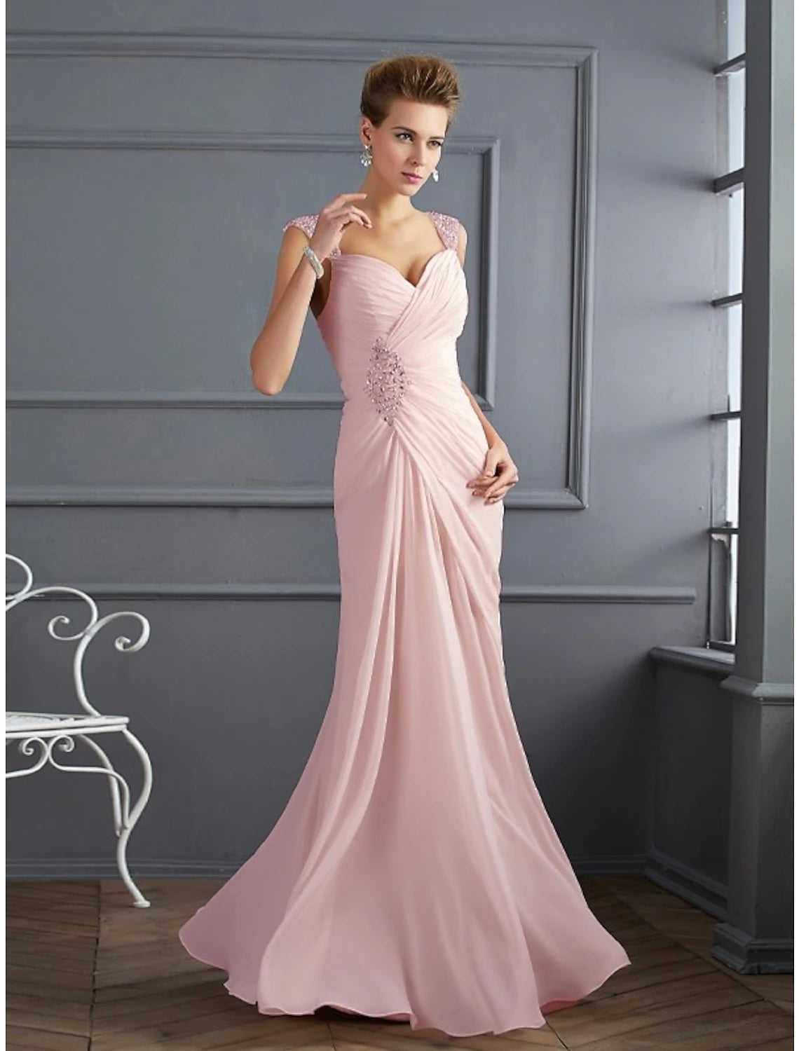 Mermaid / Trumpet Evening Gown Sparkle & Shine Dress Formal Prom Floor Length Sleeveless Spaghetti Strap Chiffon with Rhinestone