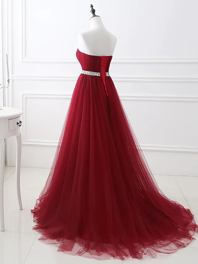 A-Line Elegant Quinceanera Prom Valentine's Day Dress Strapless Sleeveless Chapel Train Satin