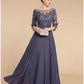 A-Line Mother of the Bride Dress Wedding Guest Elegant Scoop Neck Floor Length Chiffon Lace 3/4 Length Sleeve with Ruching